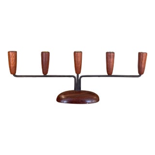 Mid-Century Modern Danish Style 5-Arm Candelabra With Sculptural Wood Base. For Sale