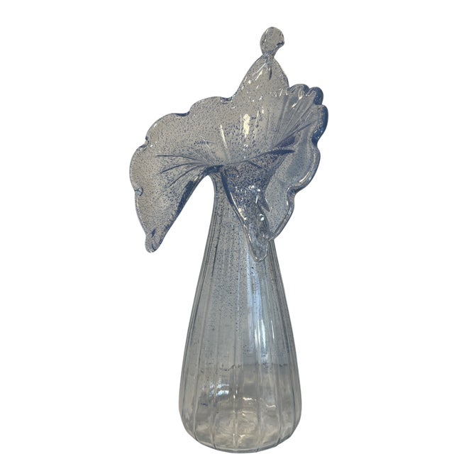 Contemporary 21 In. Tall Art Glass Clear Fluted Confetti Blue Speckled Flower Shaped Vase For Sale - Image 3 of 17