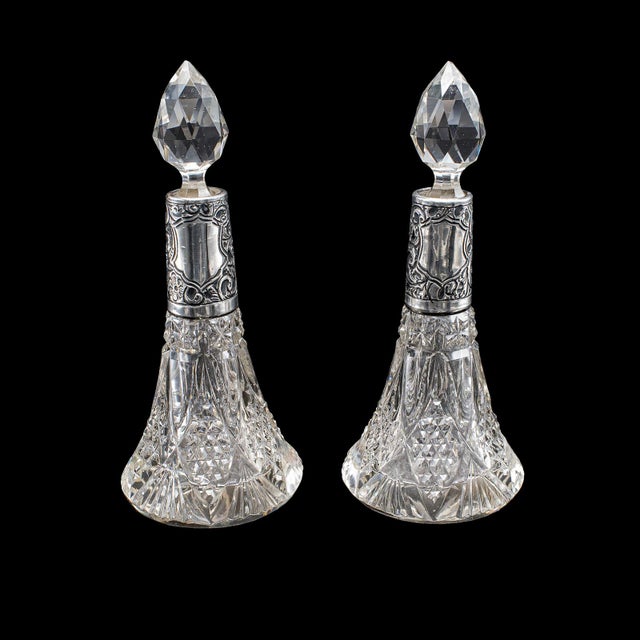 English Pair of Small Antique Scent Bottles, English, Perfume Decanter, Silver Collar For Sale - Image 3 of 12