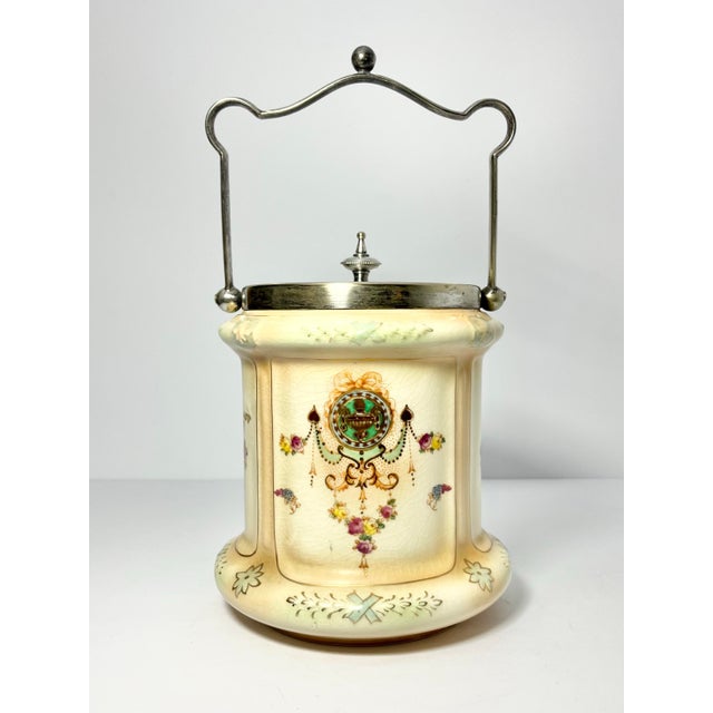 1910s Antique English Crown Devon Cream Ceramic Biscuit Barrel Jar & Lid For Sale - Image 4 of 11