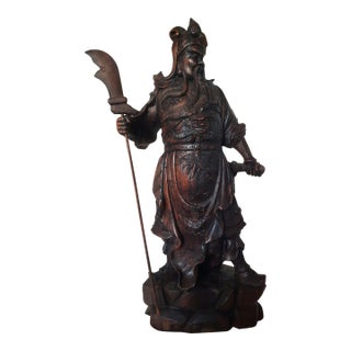 Vintage Carved Hardwood Guan Yu Chinese God of War Statue For Sale