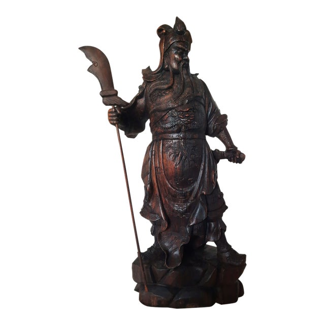 Vintage Carved Hardwood Guan Yu Chinese God of War Statue For Sale