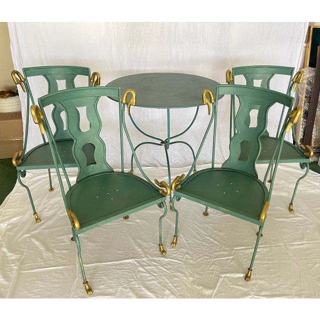 This is a Rare Set of 4 Swan Gondole Chairs & Table, in the manner of Maison Jansen Hollywood Regency, (1930-1950) Painted...
