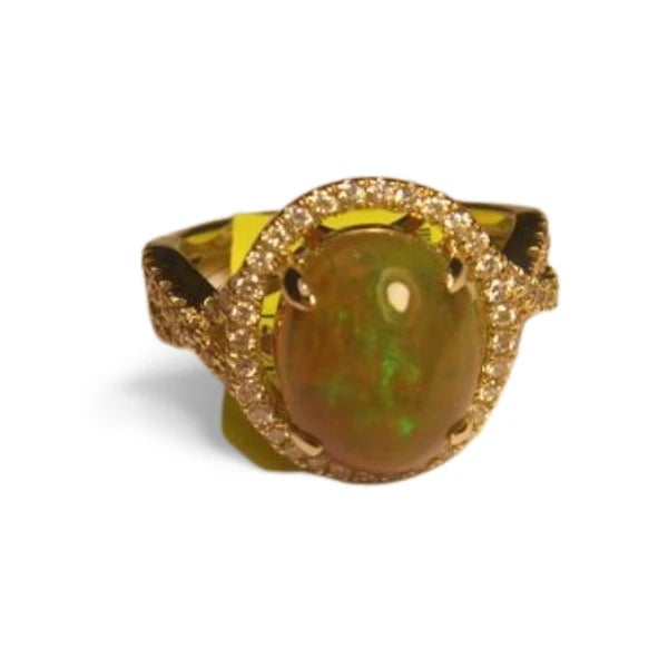 Art Deco Late 20th Century 14K Yellow Gold Opal Cabochon Diamond Cocktail Ring Estate, Size 7 For Sale - Image 3 of 3
