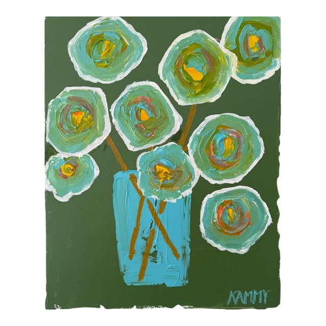 Modern Abstract Floral Acrylic Painting – Teal Flowers on Green Canvas For Sale