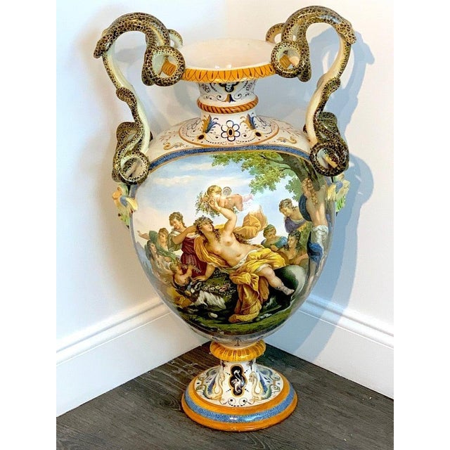Ginori Majolica Allegorical Serpent Handled Vase | Chairish