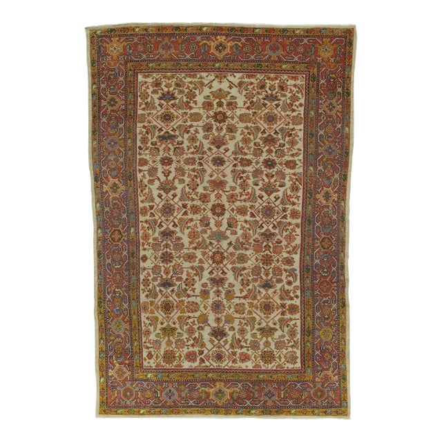 Antique Persian Sultanabad, Wool Handmade Beige, Gold, Navy and Red Oriental Rug For Sale