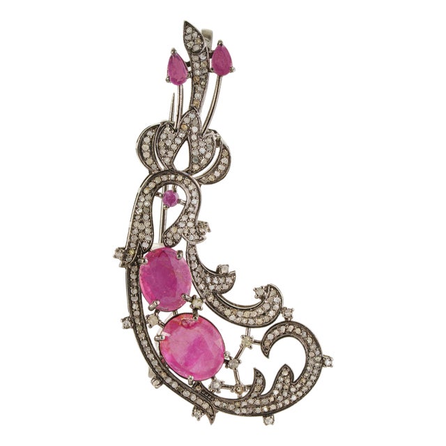 Vintage Inspired 9 Ct Ruby & Diamond Scrollwork Statement Brooch Pendant For Sale