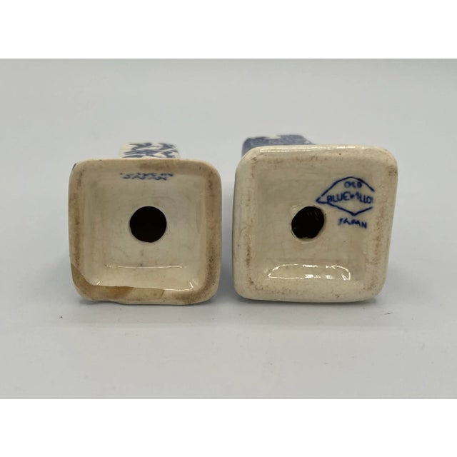 Vintage Blue and White Ceramic Salt and Pepper Shakers, Stamped "Blue Willow" Japan For Sale In Boston - Image 6 of 8