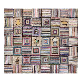 Notable Multi Color With Original Geometric and Figurative Design Antique American Hooked Rug For Sale