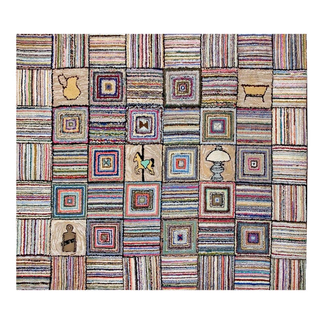 Notable Multi Color With Original Geometric and Figurative Design Antique American Hooked Rug For Sale