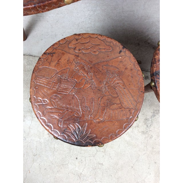 Wood Mid Century Modern Embossed Leather and Teak Coffee Table and Matching Stools For Sale - Image 7 of 18