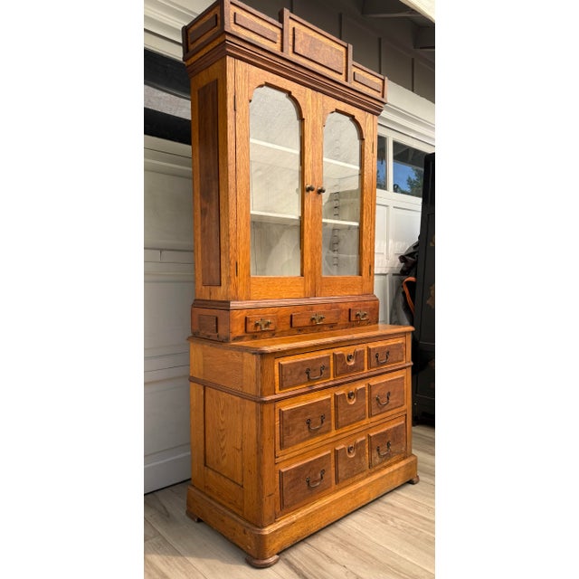 Early 1900s Architectural Oak Display Glass-Front Cabinet on Chest For Sale - Image 9 of 18