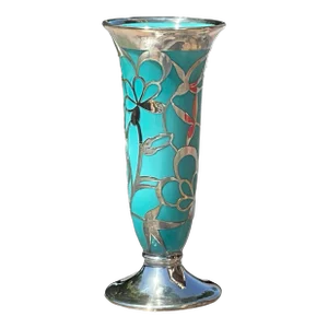 Hutschenreuther Porzellan Turquoise Vase With Floral Silver Overlay