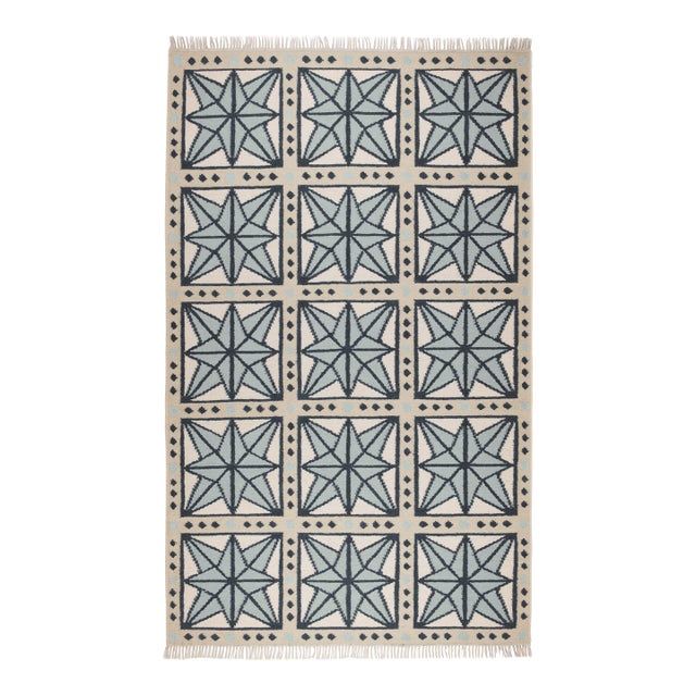 Part & Parcel Goods Wool Star Rug, 8' x 10', Celadon, Navy, Sky Blue and Eggshell For Sale