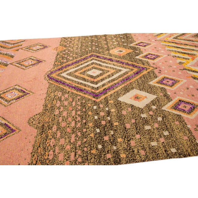 2020s Modern Moroccan Style Handmade Geometric Designed Peach Boho Wool Rug For Sale - Image 5 of 9