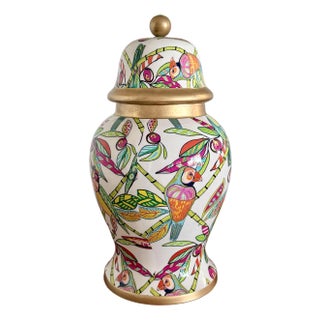 Palm Beach Style Decorative Ceramic Ginger Jar- Tropical Theme Hot Pink, Green With Gilt Accents For Sale
