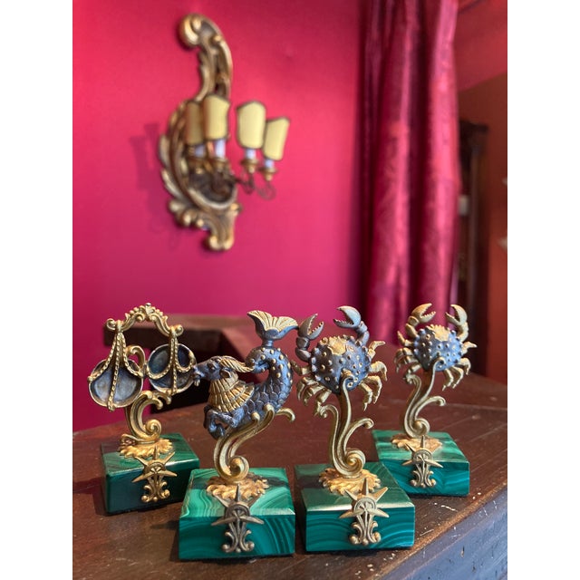 Vintage Italian Gilt 800 Silver Zodiac Place Card Holders with Malachite Bases, 1950s, Set of 4 For Sale - Image 6 of 10