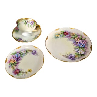 Vintage Plankenhammer Floss Bavaria Painted Pansies Porcelain 4piece Tea, Luncheon, Dessert Set For Sale