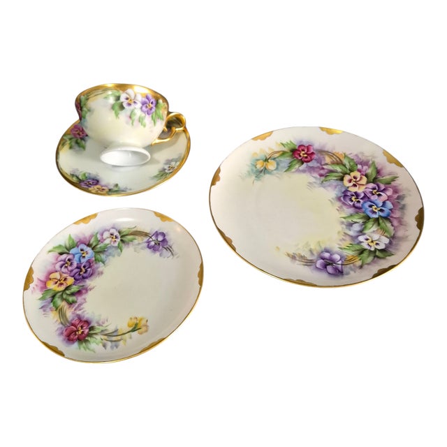 Vintage Plankenhammer Floss Bavaria Painted Pansies Porcelain 4piece Tea, Luncheon, Dessert Set For Sale