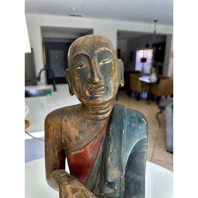 Antique Burmese Buddhist Monk Polychrome Wood Carving Statue For Sale - Image 9 of 18