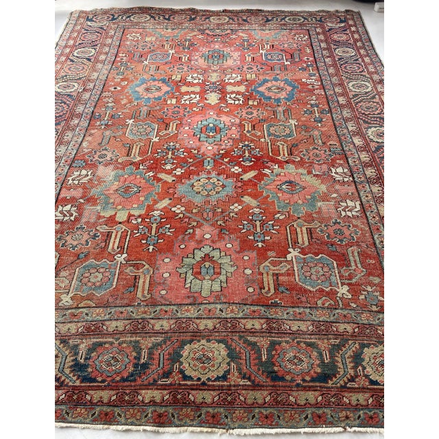Red Unusual "Harshang" Antique Heriz Rug / Carpet - 10.3 X 12.9 For Sale - Image 8 of 12