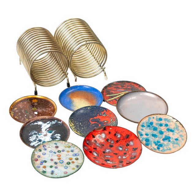 Vintage Enamel Copper Coasters, 1960s, Set of 2 For Sale