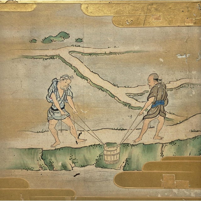 Early 19th Century Set of 2 Antique Edo Era Japanese Landscape Paintings of Farmers in Rice Fields – Newly Framed For Sale - Image 5 of 8