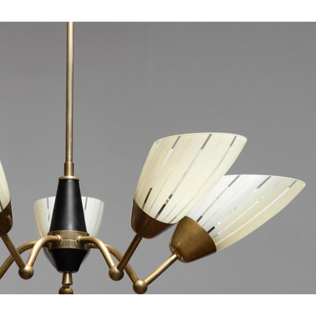 Metal German Brass and Black Five-Arm Sputnik Chandelier with Art Glass Shades, 1950s For Sale - Image 7 of 9