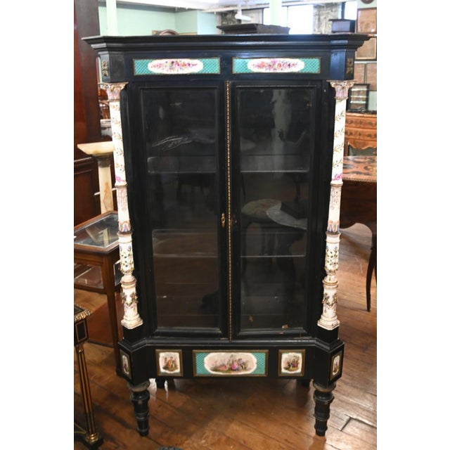 Ceramic Victorian Ebonized Display Cabinet Painted Porcelain, 1840 For Sale - Image 7 of 7