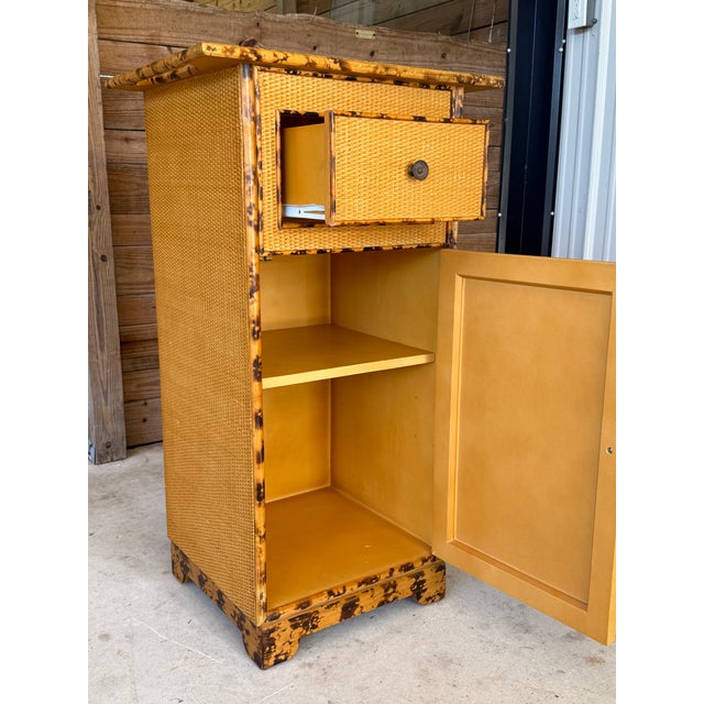 Vintage British Colonial Tortoise Rattan Cabinet With Drawer For Sale - Image 4 of 12