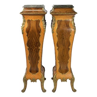Pair of Mid-20th Century French Rococo Style Marquetry & Ormolu Pedestals With Green Marble Tops For Sale