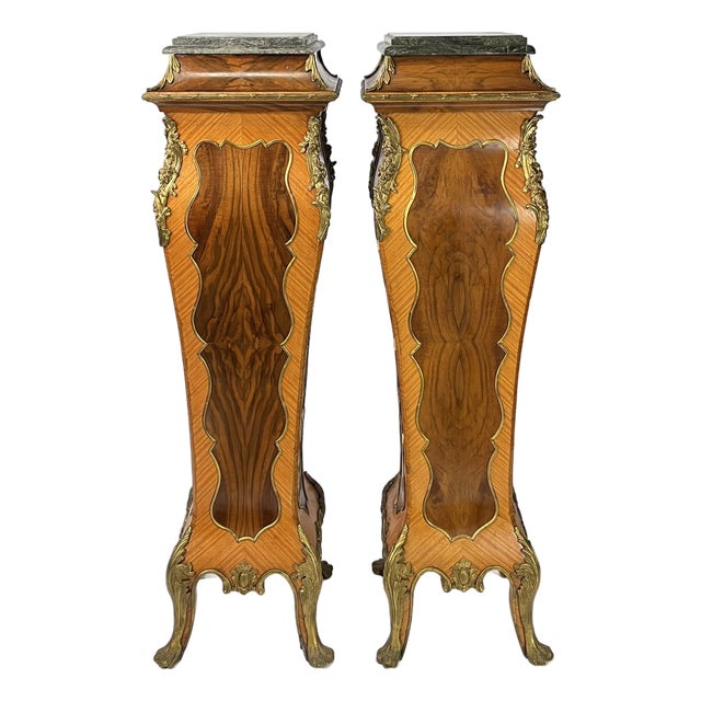 Pair of Mid-20th Century French Rococo Style Marquetry & Ormolu Pedestals With Green Marble Tops For Sale
