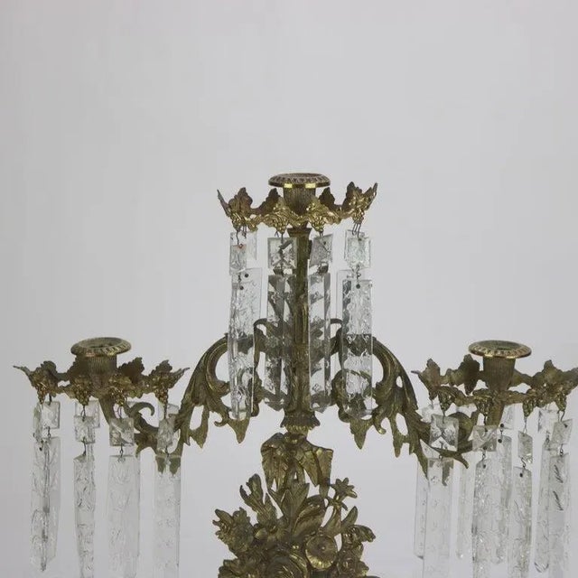 Pair of Antique Bronze & Crystal Three-Light Floral Basket Girandoles C1880 For Sale - Image 4 of 14