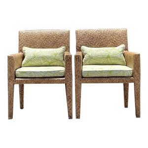 Vintage Coastal Woven Rattan Lounge Chairs - a Pair