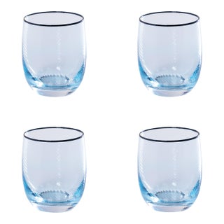 Sicilian 4-Piece Swirl Glass Tumbler Set, Aqua with Navy Lip Wrap For Sale