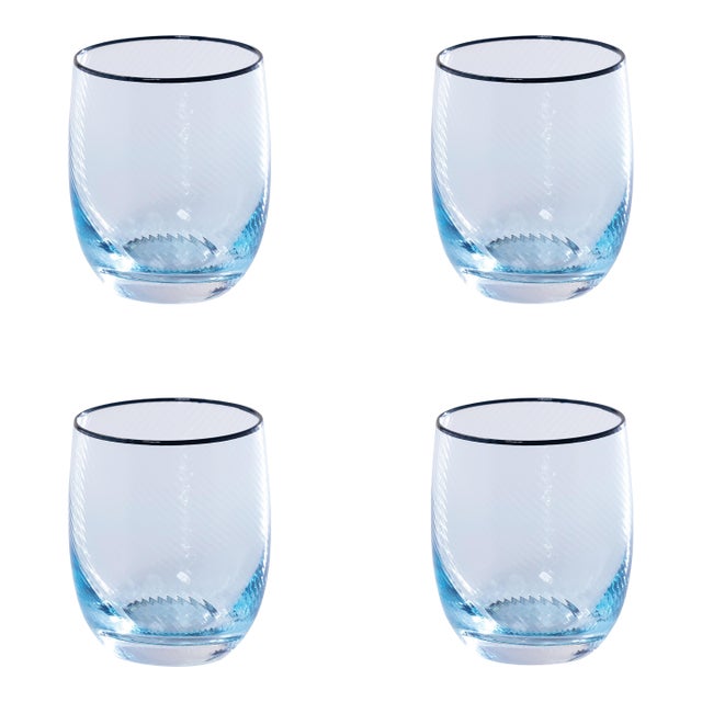 Sicilian 4-Piece Swirl Glass Tumbler Set, Aqua with Navy Lip Wrap For Sale