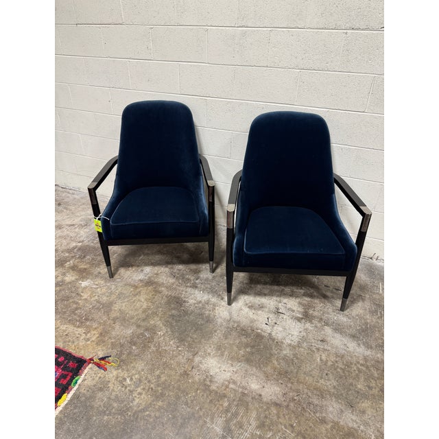 Modern Navy Blue Velvet Slope Lounge Chairs - A Pair For Sale - Image 4 of 9