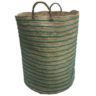 Moroccan Turquoise Straw Hamper For Sale