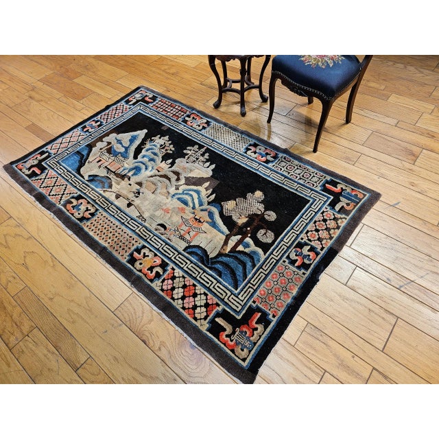 Antique Ningxia Pictorial Rug, Wool Pile, Scenic Landscape, Western China, 1890s For Sale - Image 11 of 12