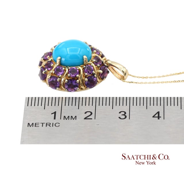 14k Yellow Gold Carlo Viani Turquoise and Amethyst Pendant Necklace With Chain For Sale - Image 13 of 14