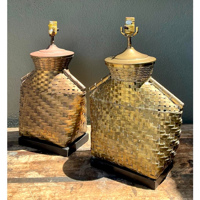 Brass Vintage Chapman Woven Brass Table Lamps - A Pair For Sale - Image 8 of 12