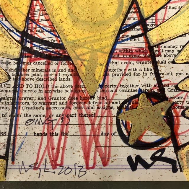 Original 8.5 x 14 drawing/painting done on vintage mineral deed paper signed twice on bottom unframed heightened with glitter