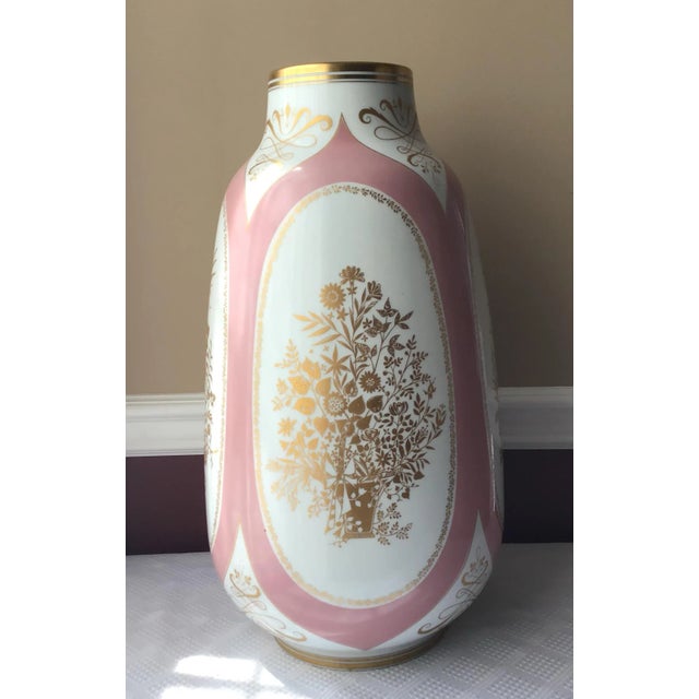 American Large Vintage Lorenz Hutschenreuther German Porcelain Vase – 20” Tall, Pink & Gold Floral Panels For Sale - Image 3 of 9