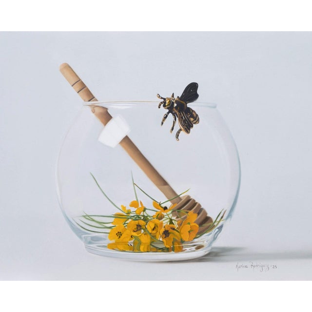 The Winged Alchemist by Karina Rodríguez | Oil on aluminum panel Honey dipper and flowers in a glass bowl For Sale