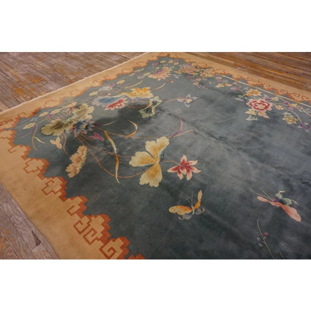 1920s 1920s Green Floral Modernist Chinese Art Deco Carpet 8'10" X 11'5" Knotted Wool Rug For Sale - Image 5 of 13