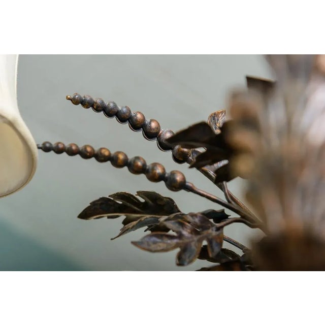 Vintage six light basket look chandelier with wood carved basket and wood ends to the painted metal arms with light rubbed...