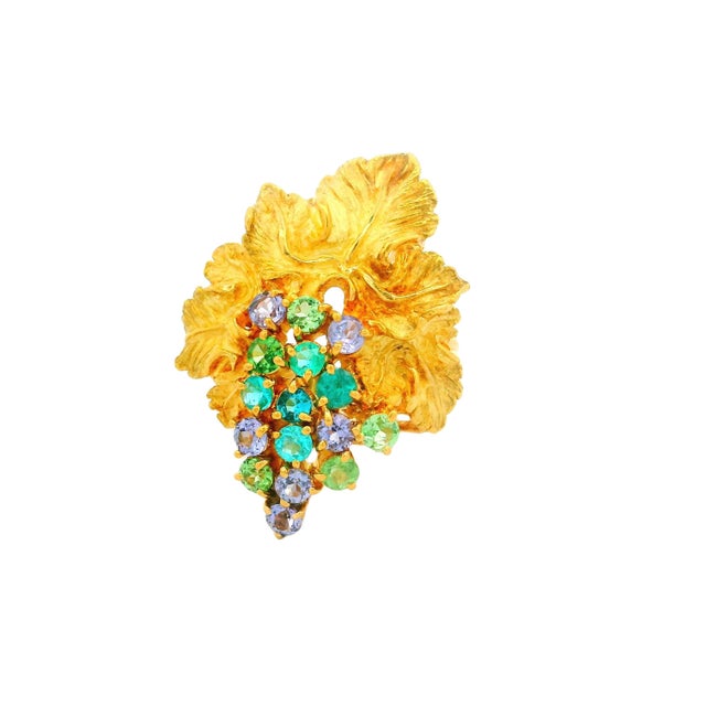 Paraiba Tourmaline 18k Yellow Gold Grape-Leaf Ring, Size 6.25 For Sale - Image 4 of 6