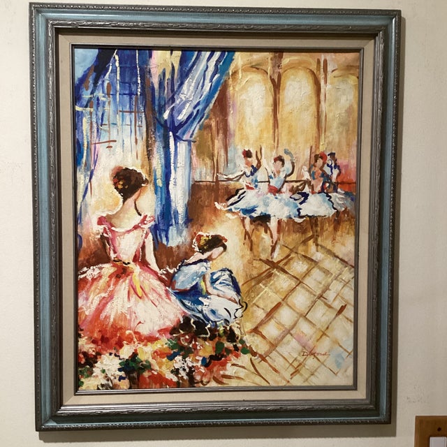 This vintage impressionistic oil painting depicts a graceful ballerina in rich colors, showcasing the artist's signature....