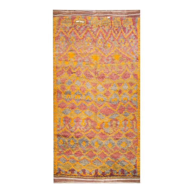 1940s Yellow Abstract Tribal Moroccan Gallery Rug 6'2" X 11'8" Knotted Wool Carpet For Sale